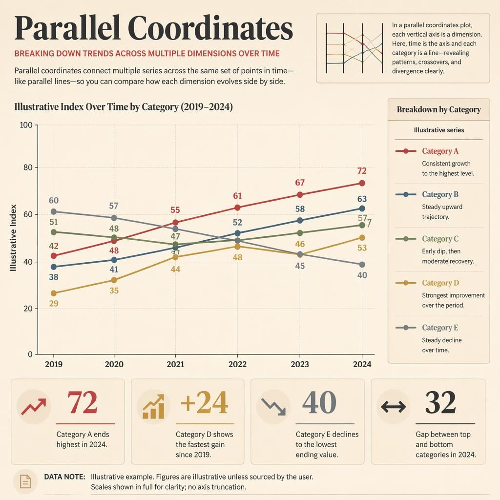 Editorial dashboard infographic with five trend lines from 2019 to 2024, category breakdown, callouts, and full 0–100 axis.
