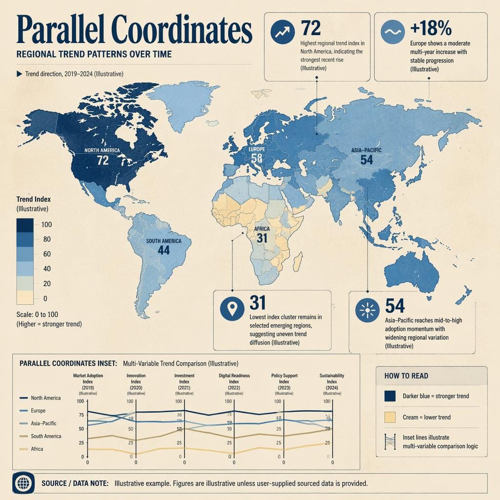 Retro editorial infographic with a blue-cream world choropleth map, parallel coordinates inset, legend, timeline, and 4 callouts.
