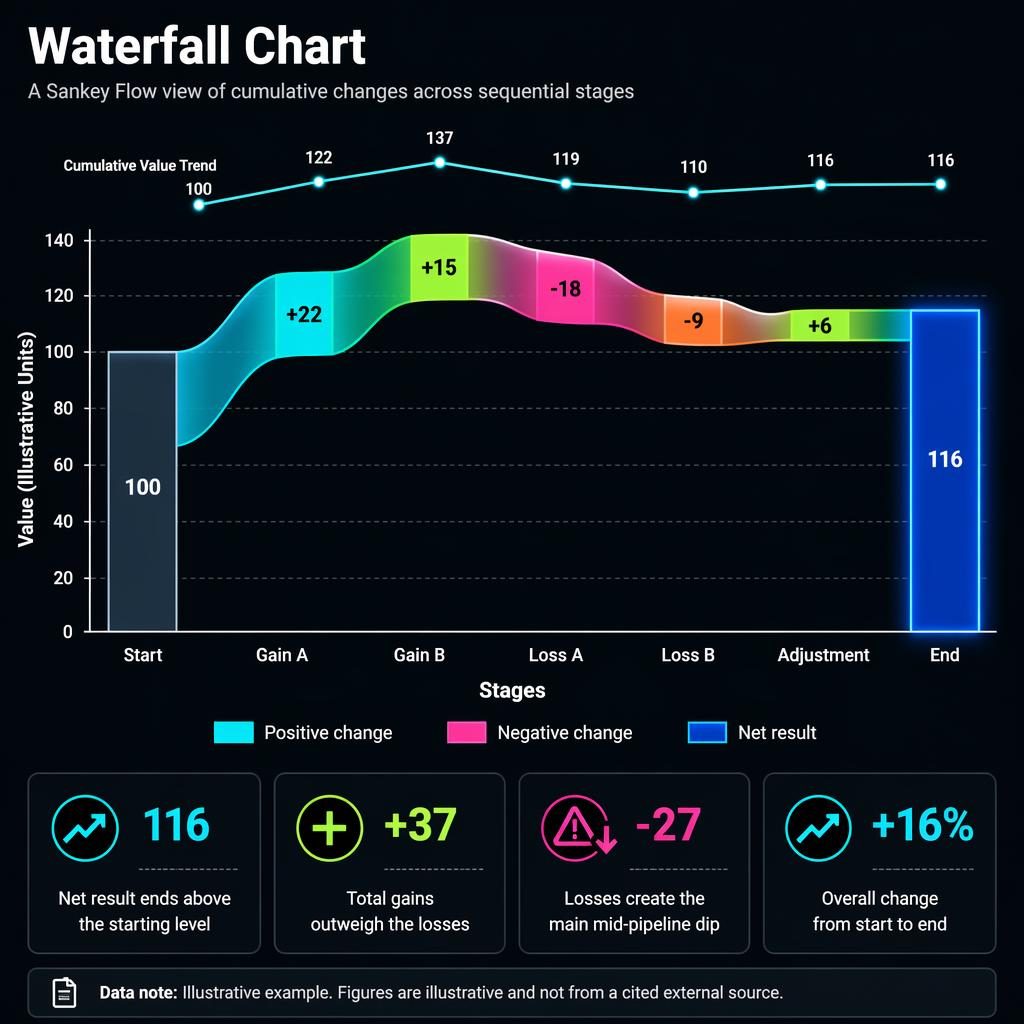 Dark mode waterfall Sankey infographic with stages, value axis, neon gains and losses, end value 116, legend and insights.