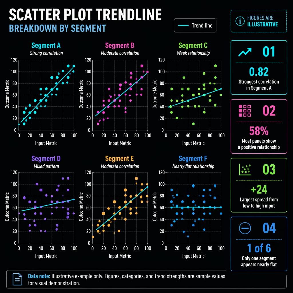 Dark neon infographic with 6 scatter plot panels, trend lines, insight callouts, English labels, and illustrative data note.