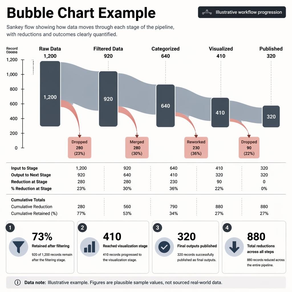 Monochrome Sankey pipeline infographic showing Raw Data to Published with values, losses, callouts, guides, and data note.