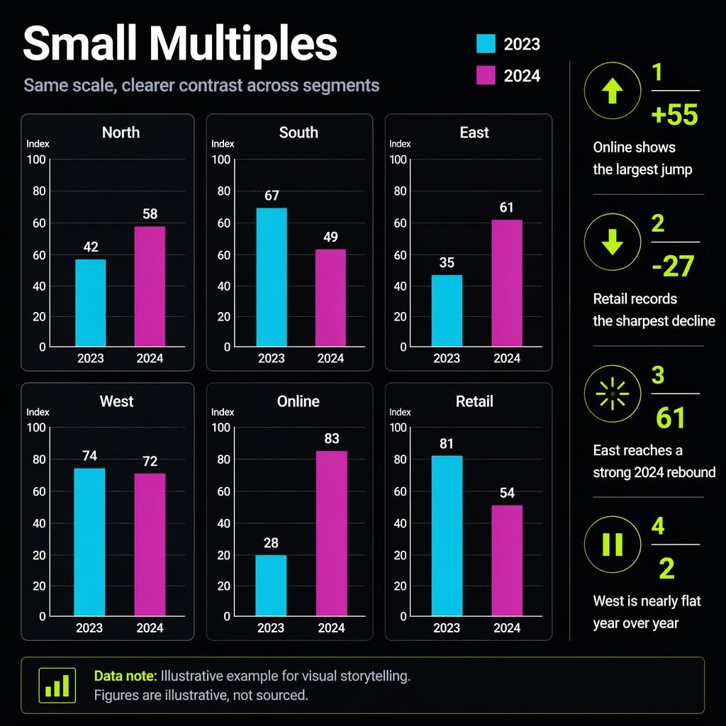 Dark mode small multiples infographic with 6 mini column charts comparing 2023 and 2024 by region on a 0 to 100 Index scale.