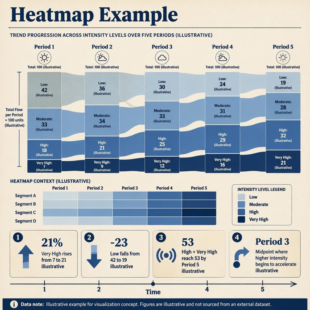 Retro-style Sankey flow infographic with 5 periods, intensity labels, mini heatmap, legend, callouts, and time axis.