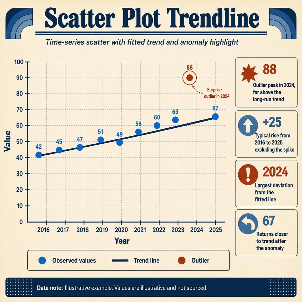 Retro scatter plot infographic with navy trend line, blue yearly dots, and red 2024 outlier highlighted on cream background.