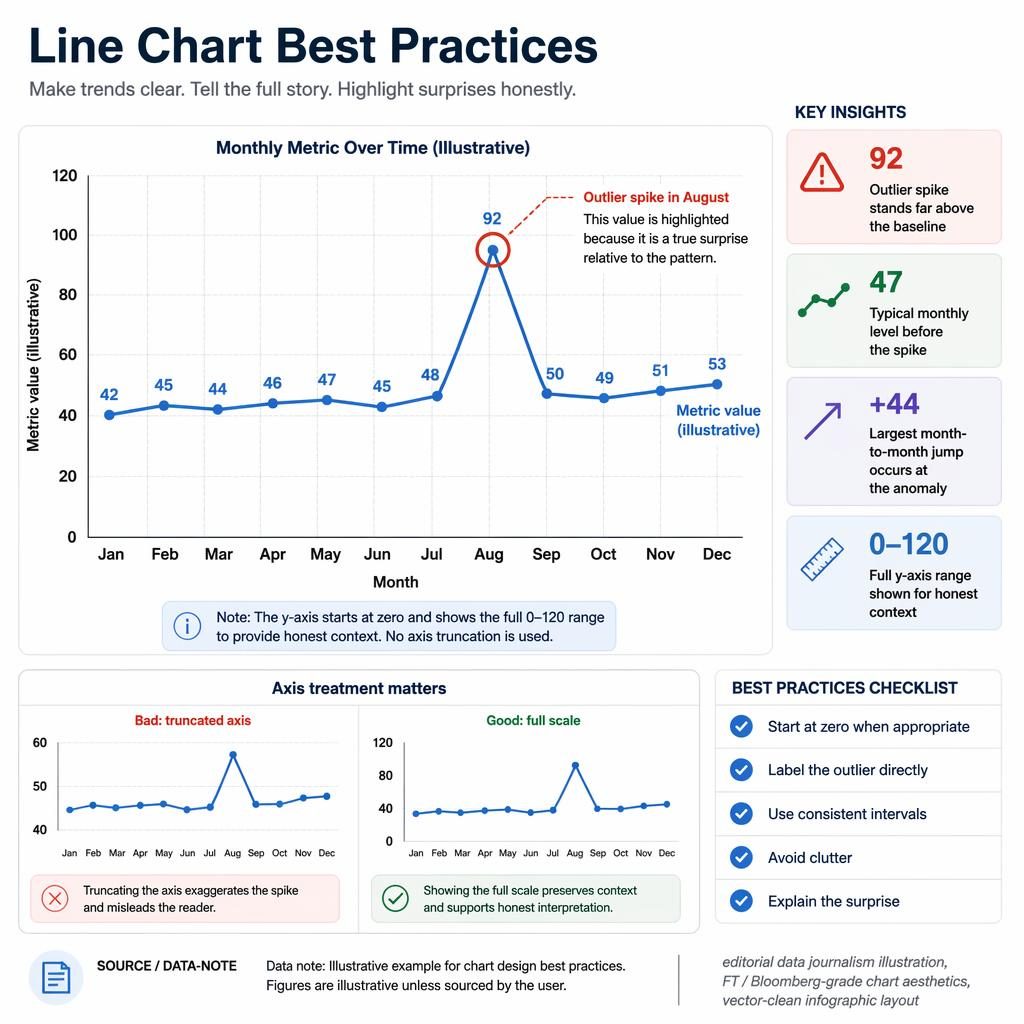 Minimal infographic with monthly line chart, August outlier spike, callouts, checklist, and axis comparison inset.