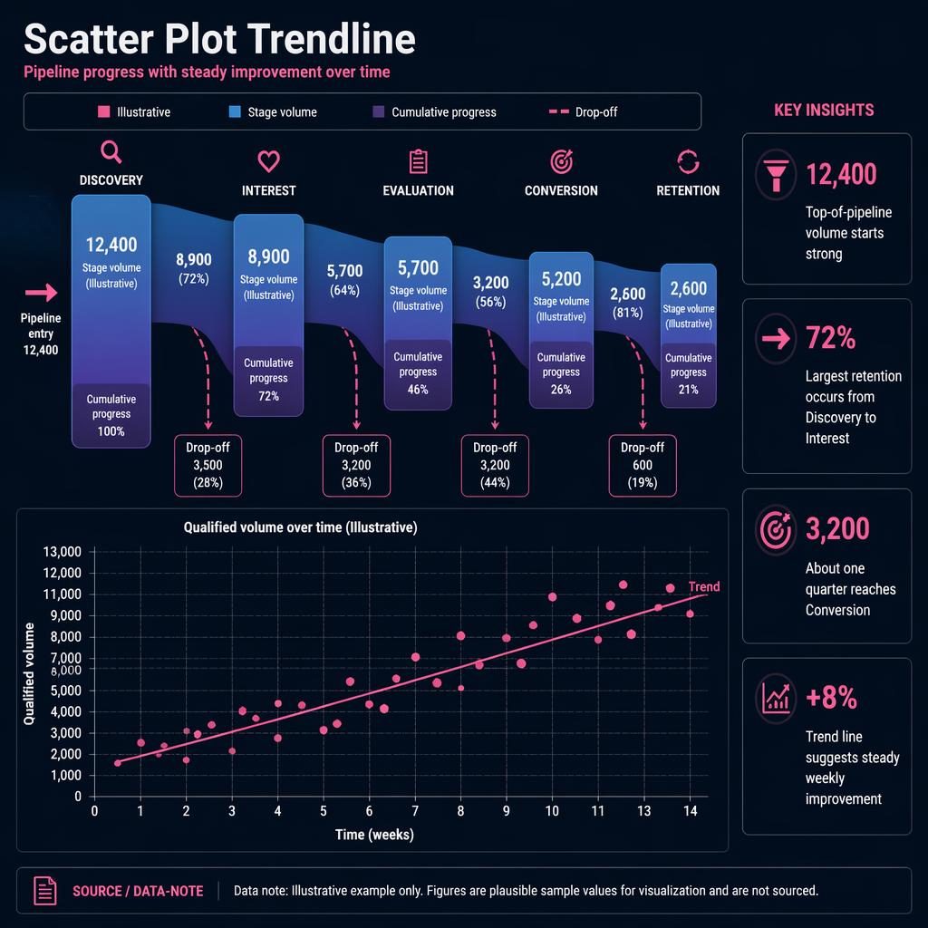 Dark dashboard infographic with a sankey pipeline, scatter plot trendline, callouts, and English stage labels from Discovery to Retention.