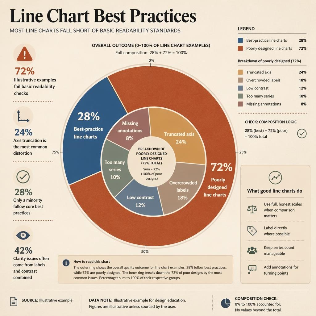 Editorial donut infographic on line chart best practices with 28% vs 72% split, inner-ring issue breakdown, callouts, and notes.