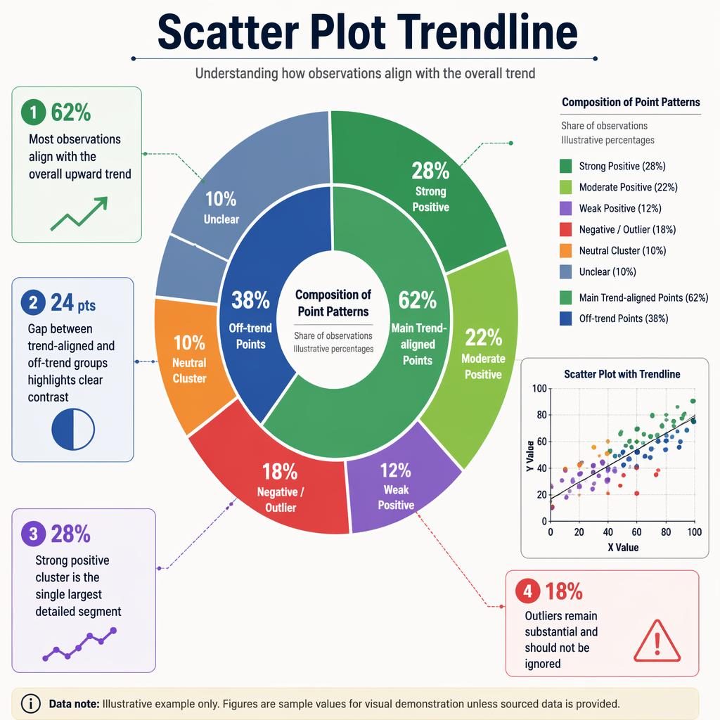 Moderne Infografik mit großem Donut-Chart, Prozentlabels, Legende, kleinem Scatter-Plot mit Trendlinie und 4 Callouts.