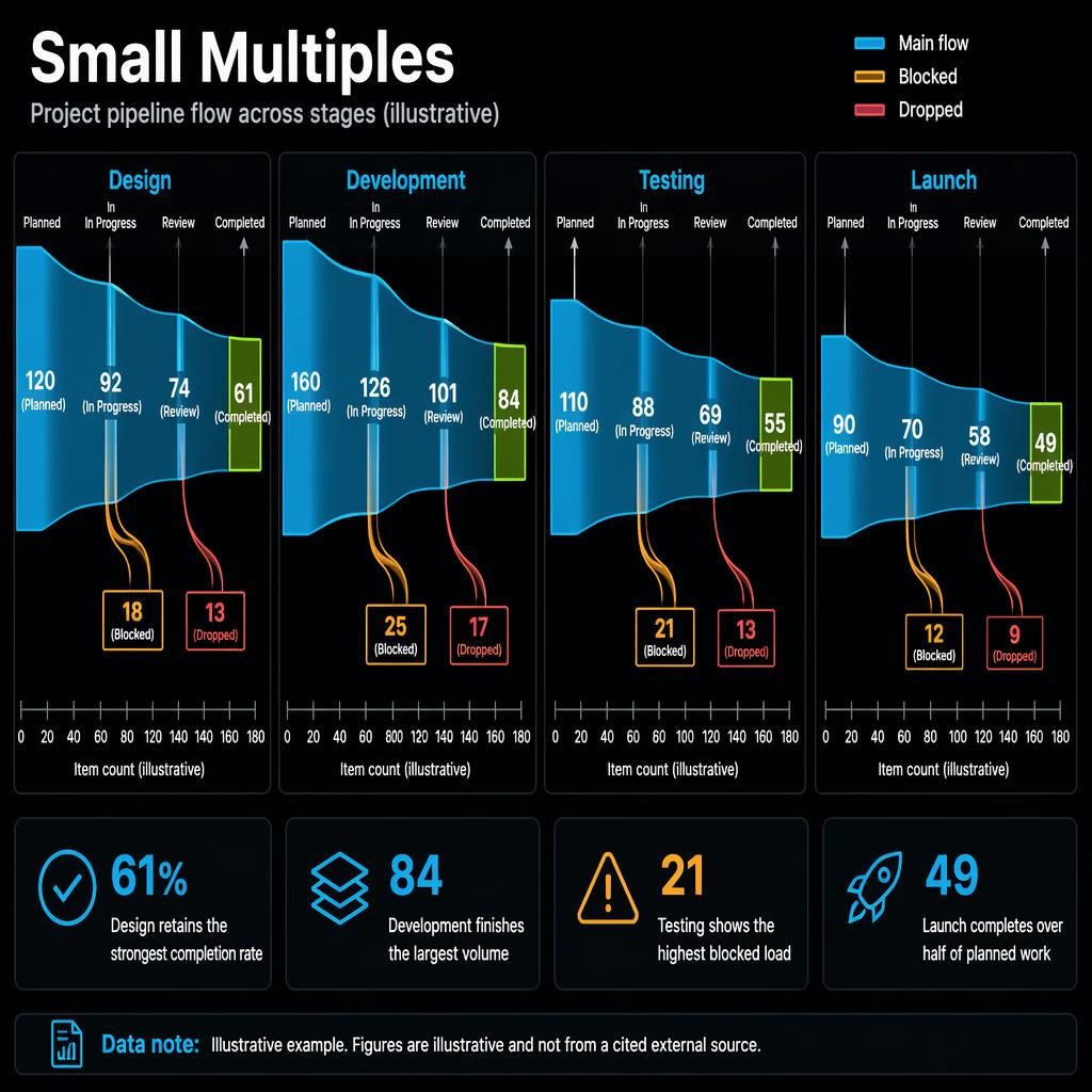 Dark mode infographic with four side-by-side Sankey panels for Design, Development, Testing, and Launch project stages.