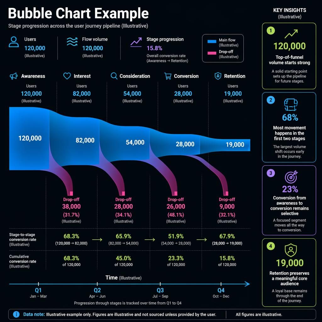 Dark neon infographic showing a central sankey flow from Awareness to Retention with drop-off branches and Q1 to Q4 guide.