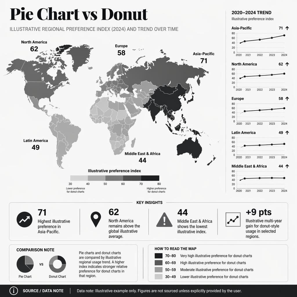Monochrome choropleth world map infographic comparing pie chart vs donut regional trends with labels, legend, timeline, and callouts.
