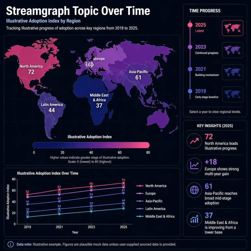 Dark dashboard infographic with a world choropleth map, timeline, trend line panel, legend, and regional progress callouts.