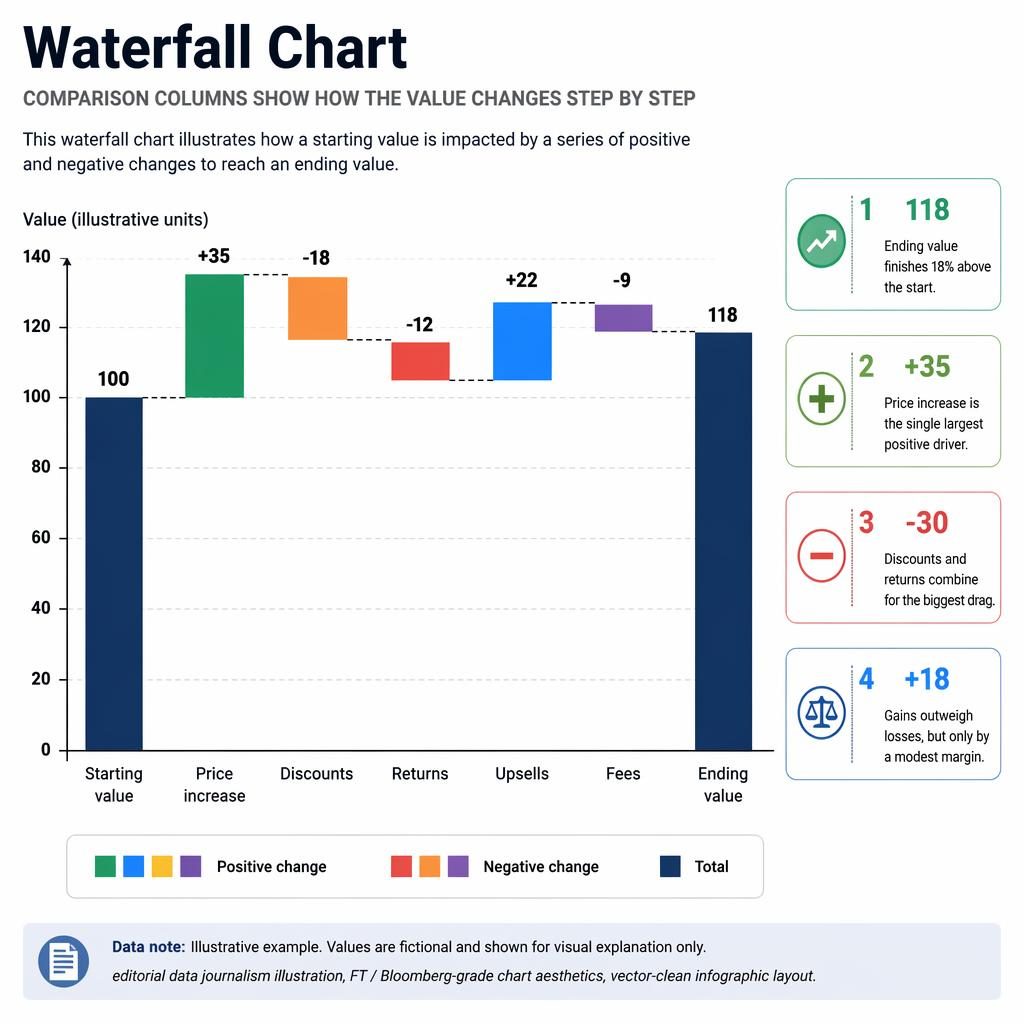 Minimal waterfall chart infographic with comparison columns, rainbow gains/losses, English labels, legend, and 4 insight callouts.