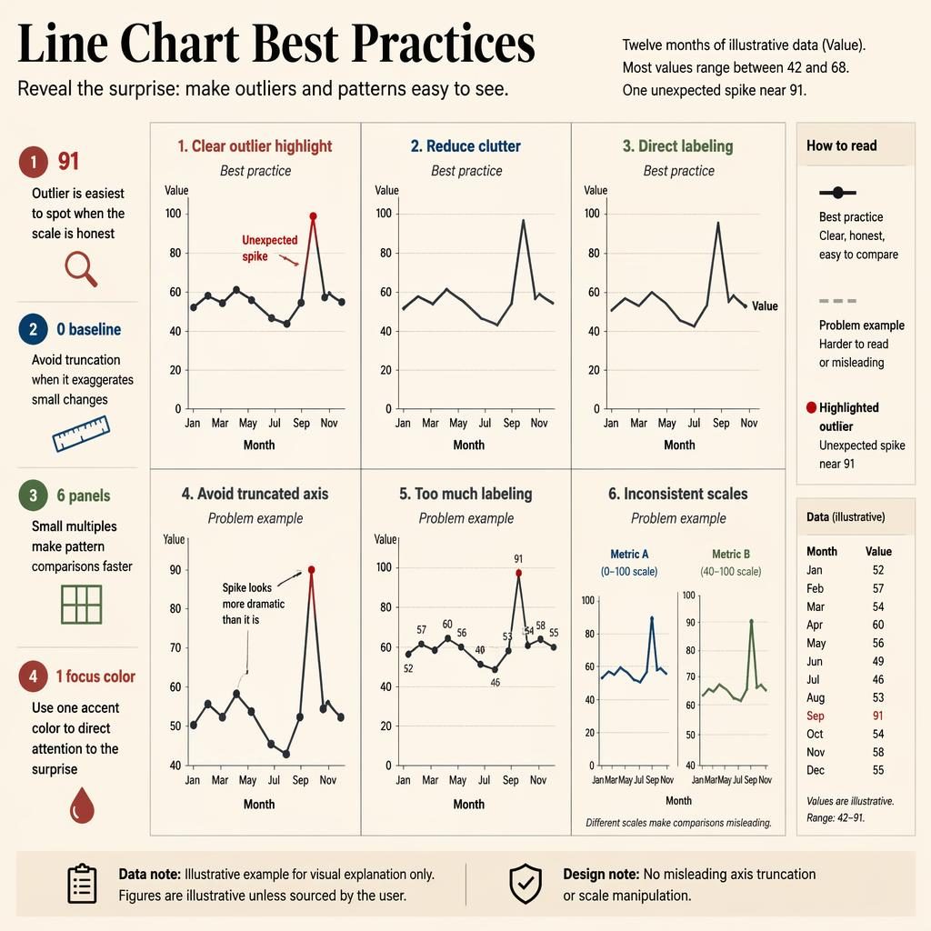 Editorial infographic with 6 mini line charts on line chart best practices, outlier spike annotation, legend, and insight callouts.