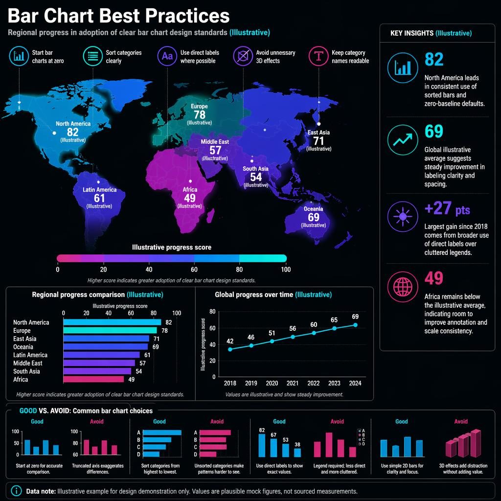 Dark-mode infographic with world choropleth map, legend, trend inset, callouts, and bar chart best practices labels.