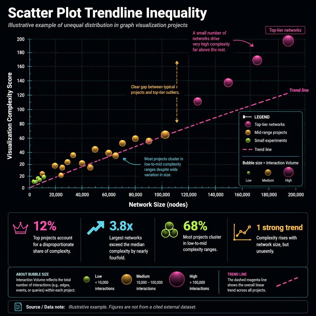 Dark-mode bubble chart infographic with trend line, inequality callouts, outlier labels, and network size vs complexity axes.