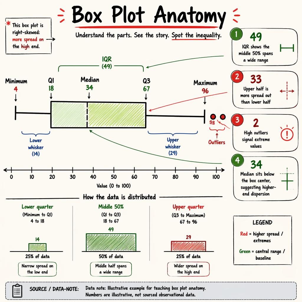 Hand-drawn infographic of box plot anatomy with comparison columns, axis 0–100, callouts, legend, and outliers.