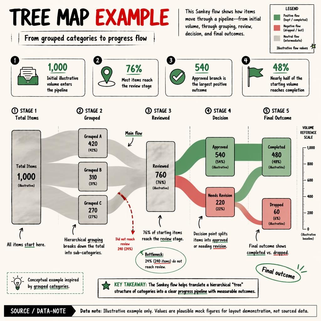 Editorial infographic showing a Sankey pipeline with illustrative values, insight callouts, sketchnote notes, and red-green flow paths.