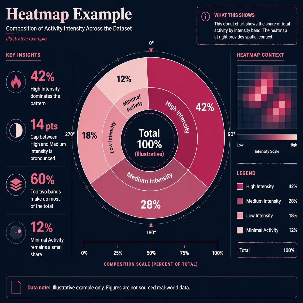 Dark dashboard infographic with a large donut chart, mini heatmap panel, legend, and four English insight callouts.