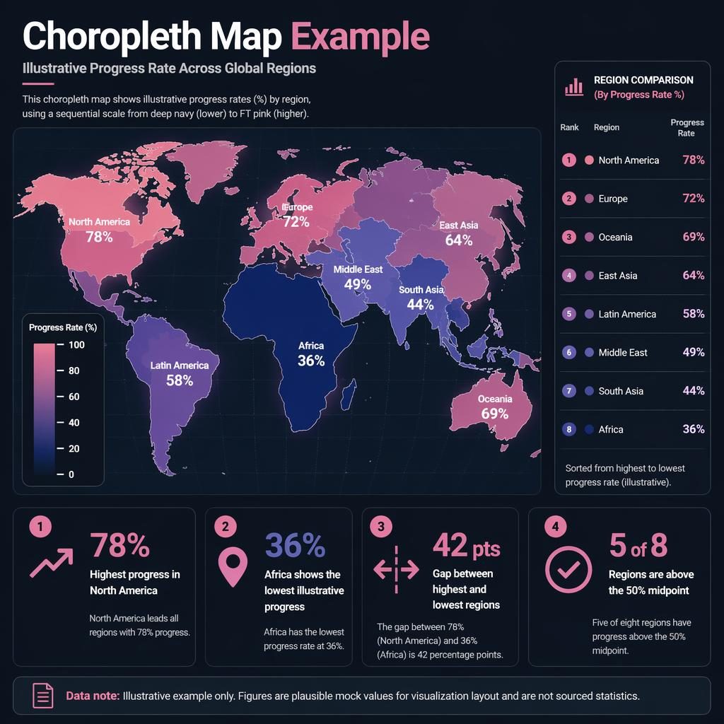 Dark dashboard choropleth world map infographic with regional progress percentages, legend, callouts, and ranking strip.