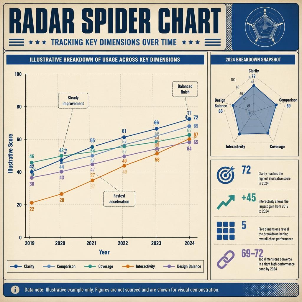 Retro infographic with 5 trend lines from 2019 to 2024, radar snapshot, callouts, and cream-blue editorial styling.