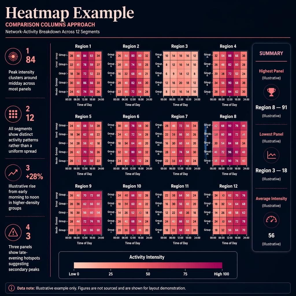 Dark dashboard infographic with a 4x3 heatmap grid, activity legend, insight callouts, and a side summary card.