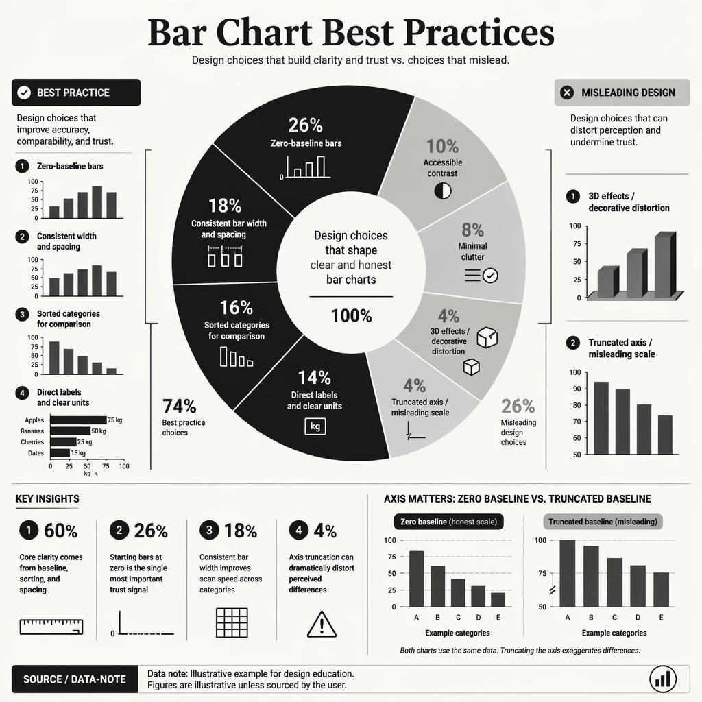 Monochrome infographic with a large donut chart, bar chart best practices labels, callouts, and scale examples.