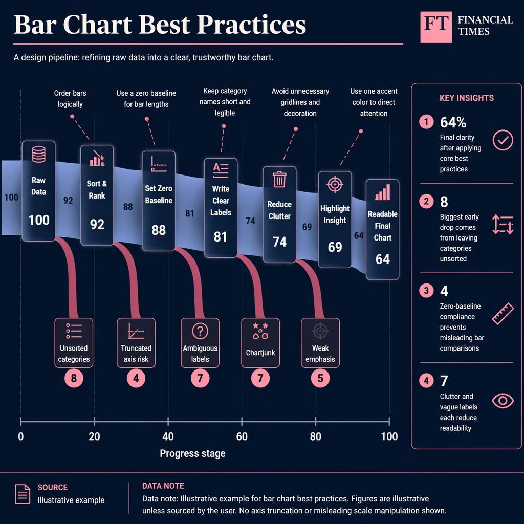 Infografía panorámica en estilo dashboard oscuro con diagrama sankey sobre el flujo de diseño de gráficos de barras.