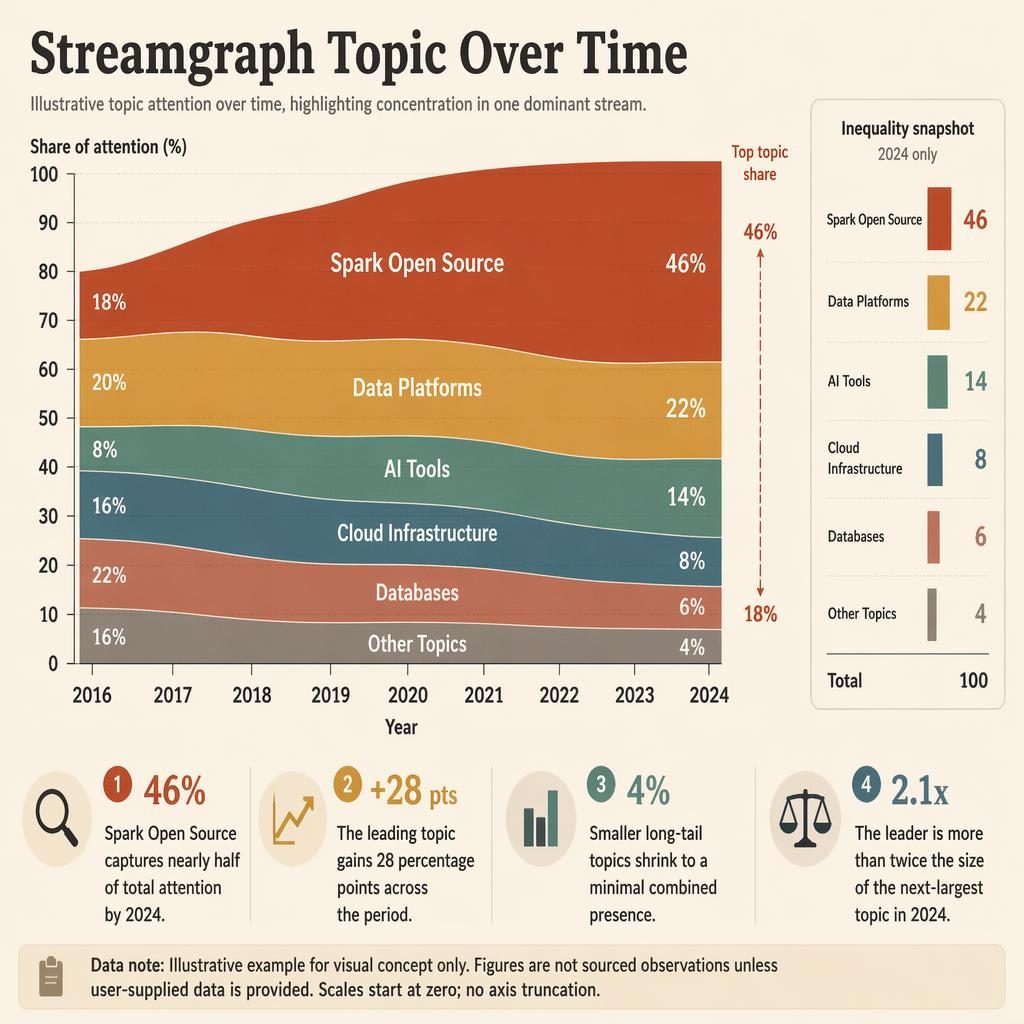 Editorial streamgraph infographic showing spark open source rising from 18% to 46% from 2016 to 2024.
