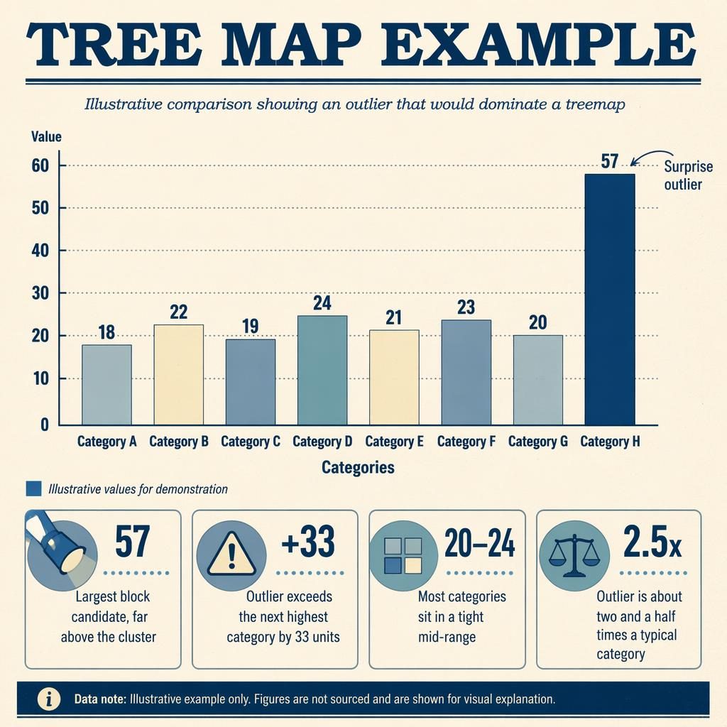Retro blue and cream column infographic with 8 categories, full 0-60 axis, and Category H highlighted at 57 as the outlier.