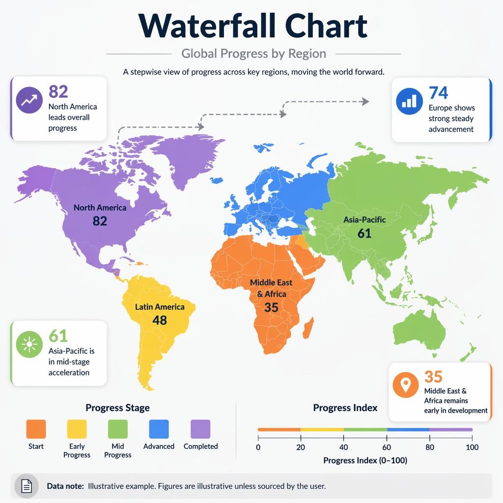 World choropleth infographic titled Waterfall Chart with progress stages, legend, inset Progress Index, and 4 callouts.