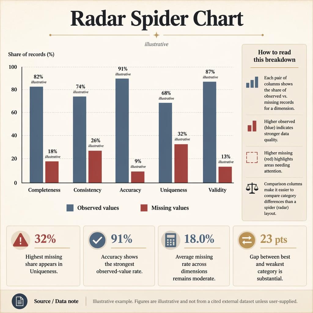 Editorial infographic with grouped comparison columns for Completeness, Consistency, Accuracy, Uniqueness, and Validity.
