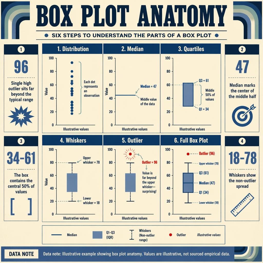 Retro-Infografik mit 2x3 Raster zur Box-Plot-Anatomie, Achsen, Legenden, Ausreißer bei 96 und vier Insight-Callouts.