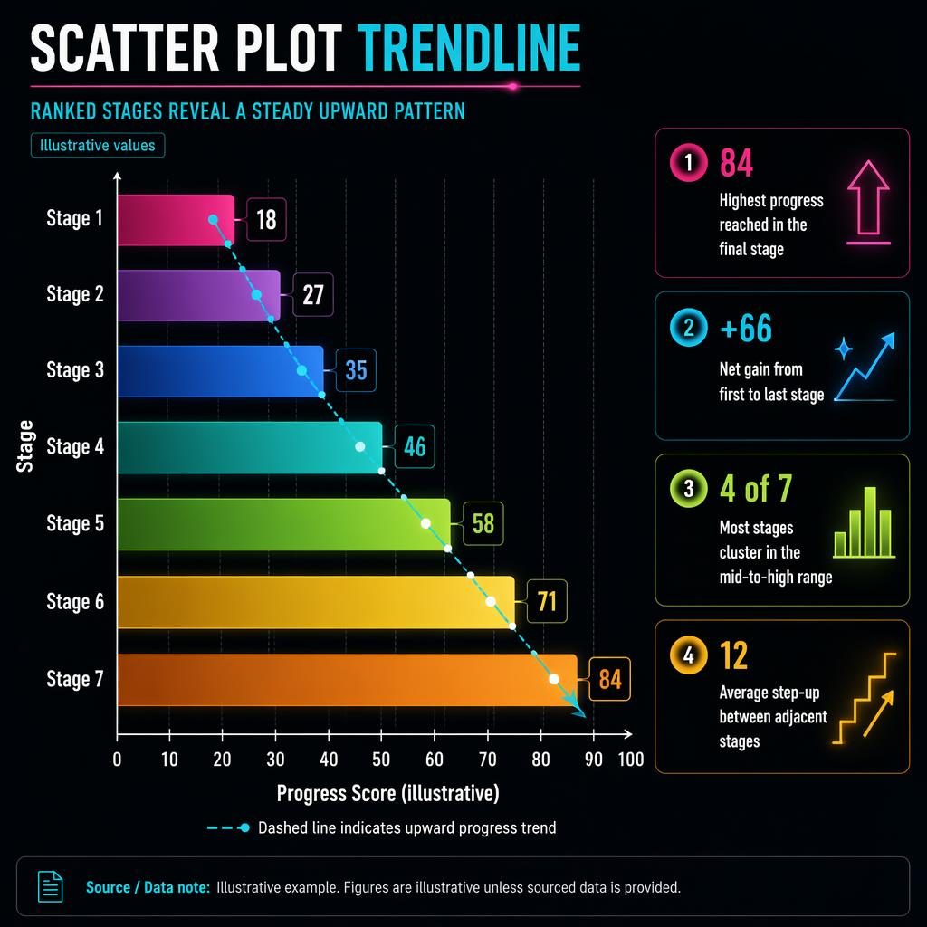Dunkle Neon-Infografik mit horizontalem Ranked-Bar-Chart, Trendlinie, 7 Stufen, Achsen, Wertelabels und 4 Insight-Callouts.
