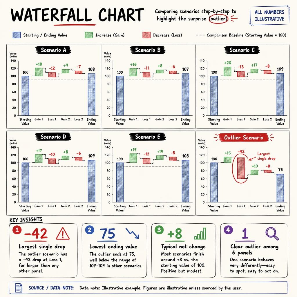 Dataviz infographic with a 2x3 grid of mini waterfall charts, one outlier panel showing a large -42 drop and ending at 75.