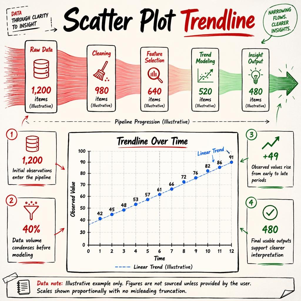 Hand-drawn sankey pipeline infographic with scatter plot trendline inset, 5 labeled stages, insight callouts, and paper texture.
