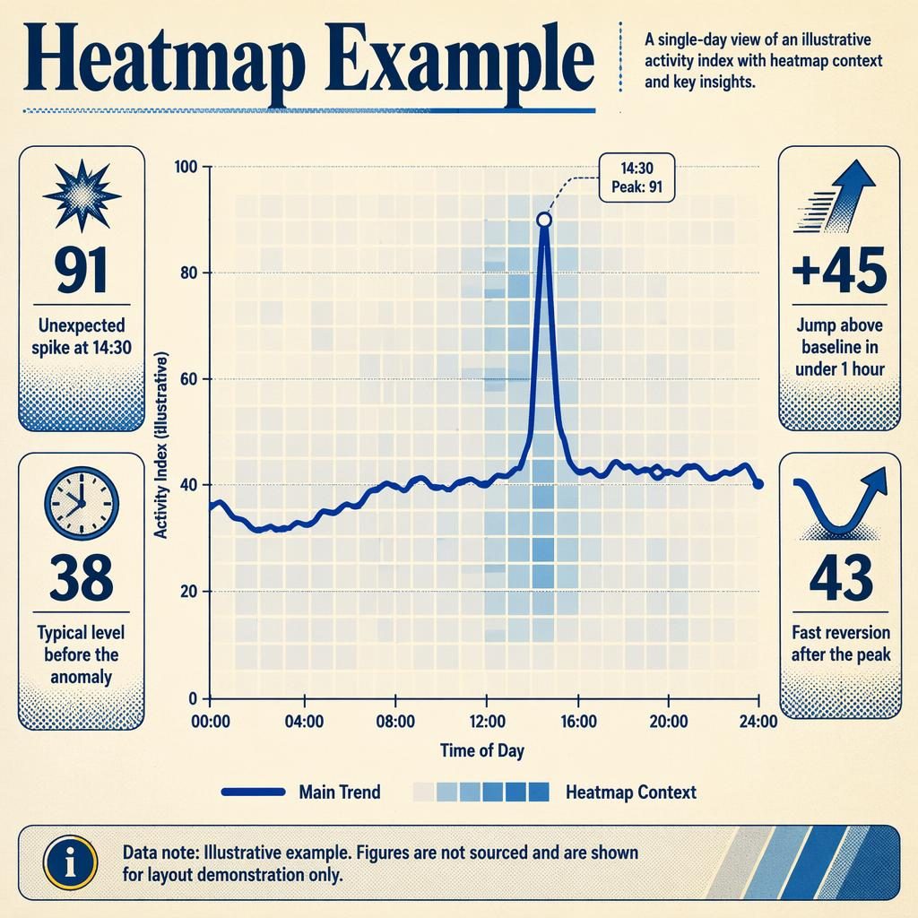 Retro editorial chart with blue trend line, heatmap grid backdrop, and callouts marking a 14:30 spike to 91.