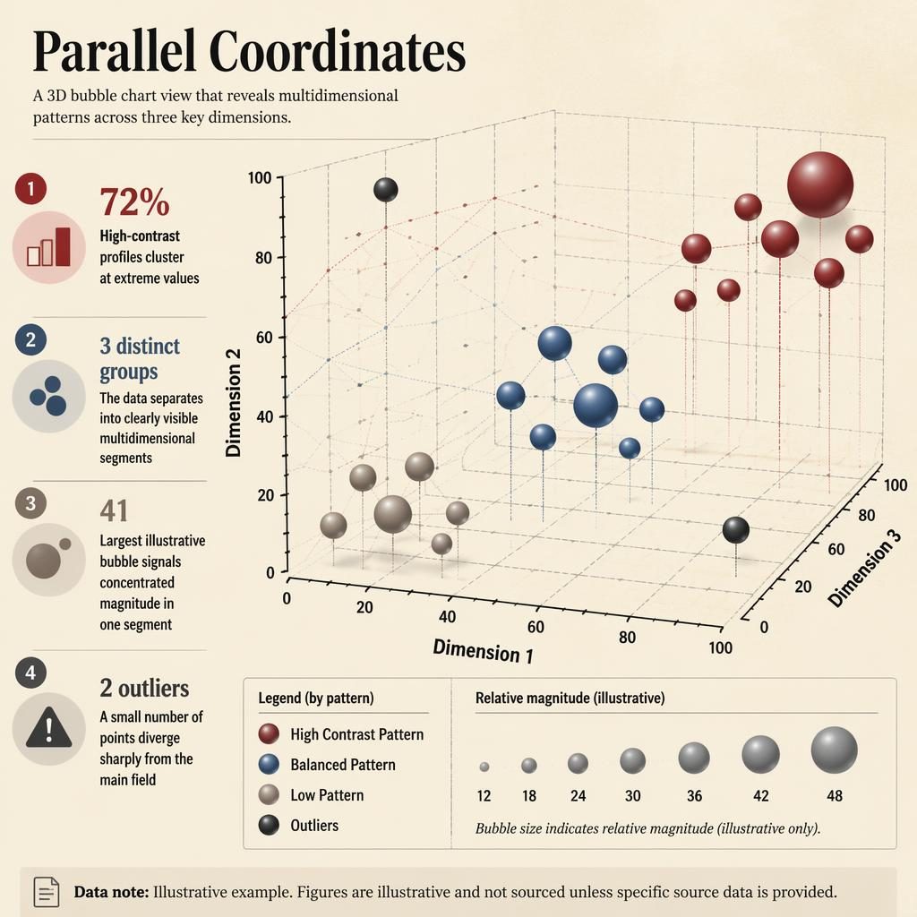 3D bubble chart infographic with Dimension 1, 2, 3 axes, clustered bubbles, legend, callouts, and illustrative data note.