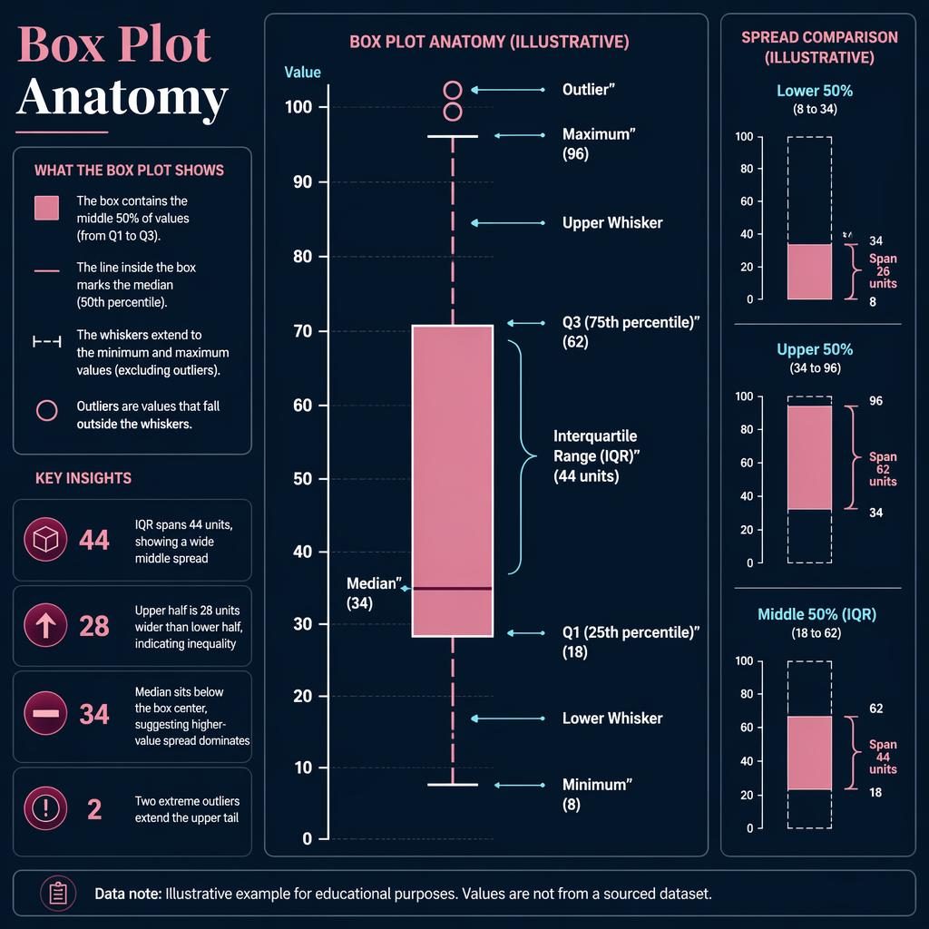 Dark navy infographic with central box plot, comparison columns, callouts, legend, and labeled outliers in FT pink.