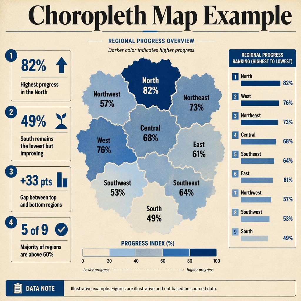 Retro-style choropleth map infographic showing regional progress by percentage with legend, ranking strip, and insight callouts.