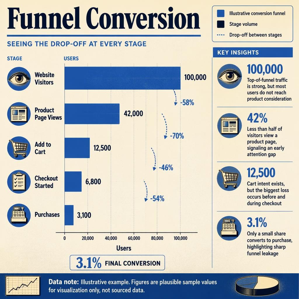 Retro editorial ranked bar chart infographic of funnel conversion with five stages, drop-off labels, icons, and 3.1% final conversion.