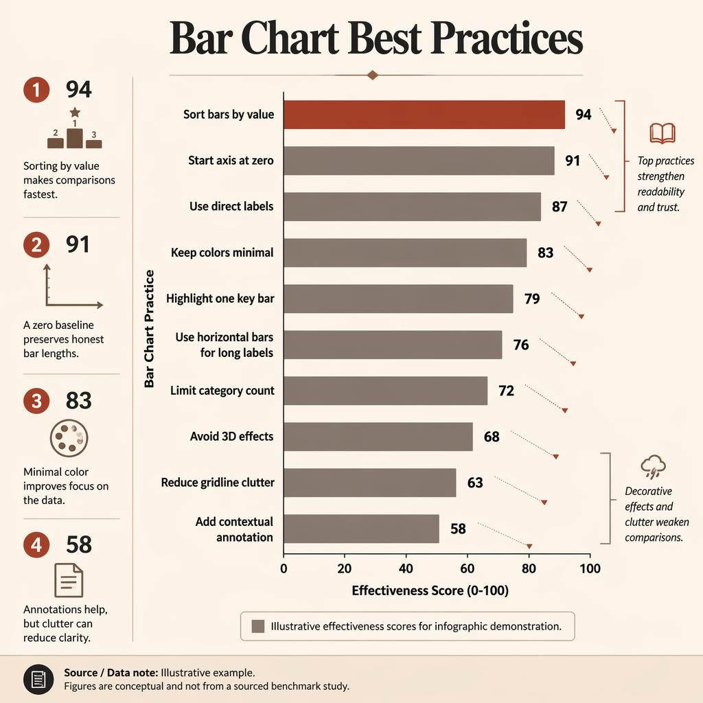 Editorial infographic with a ranked bar chart of bar chart best practices, callouts, value labels, and beige data-journal style.