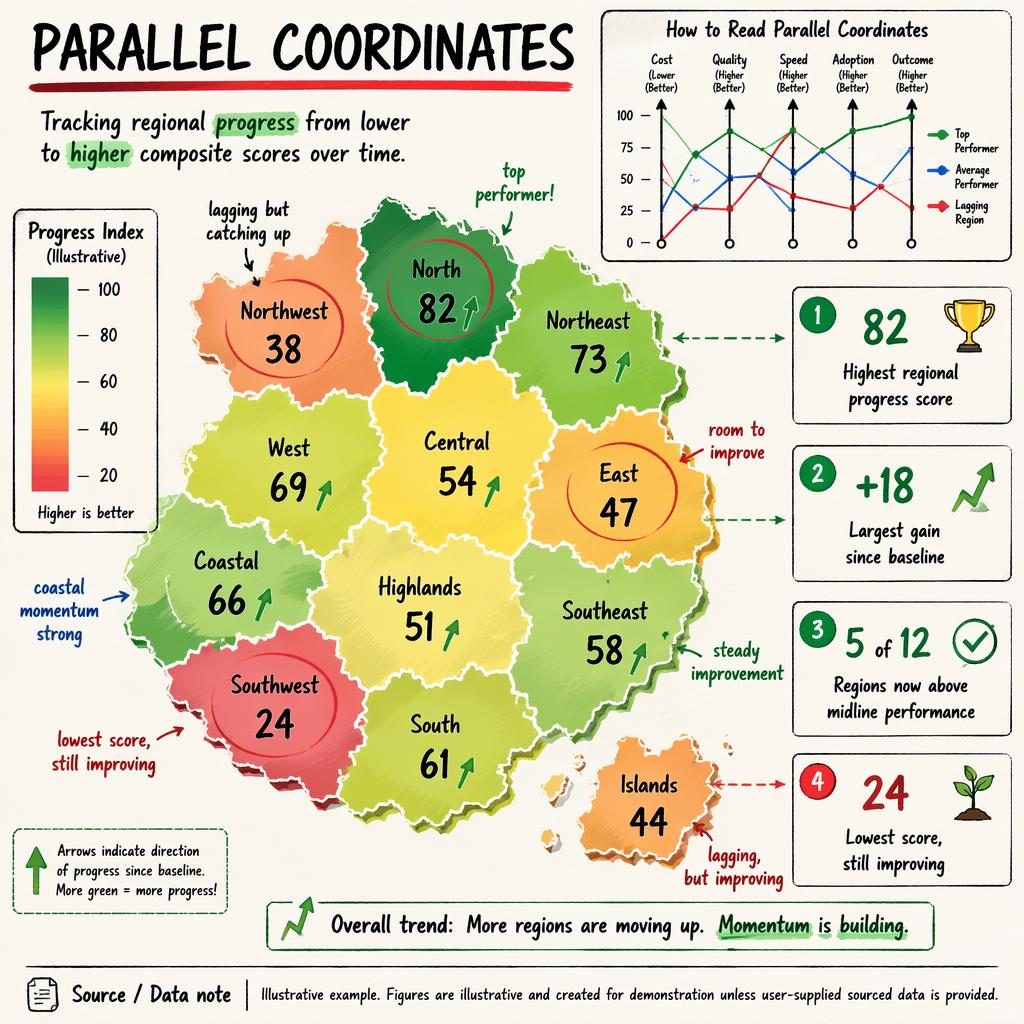 Data infographic with a choropleth map in red to green, progress callouts, and a small parallel coordinates inset panel.