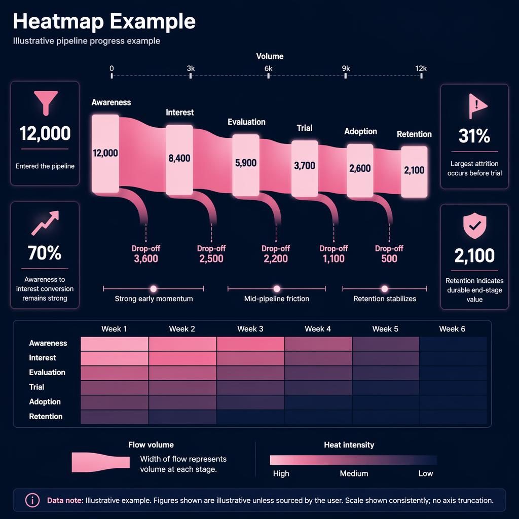 Dark dashboard infographic with a pink navy sankey pipeline, support heatmap, callouts, volume scale, and labeled stages.