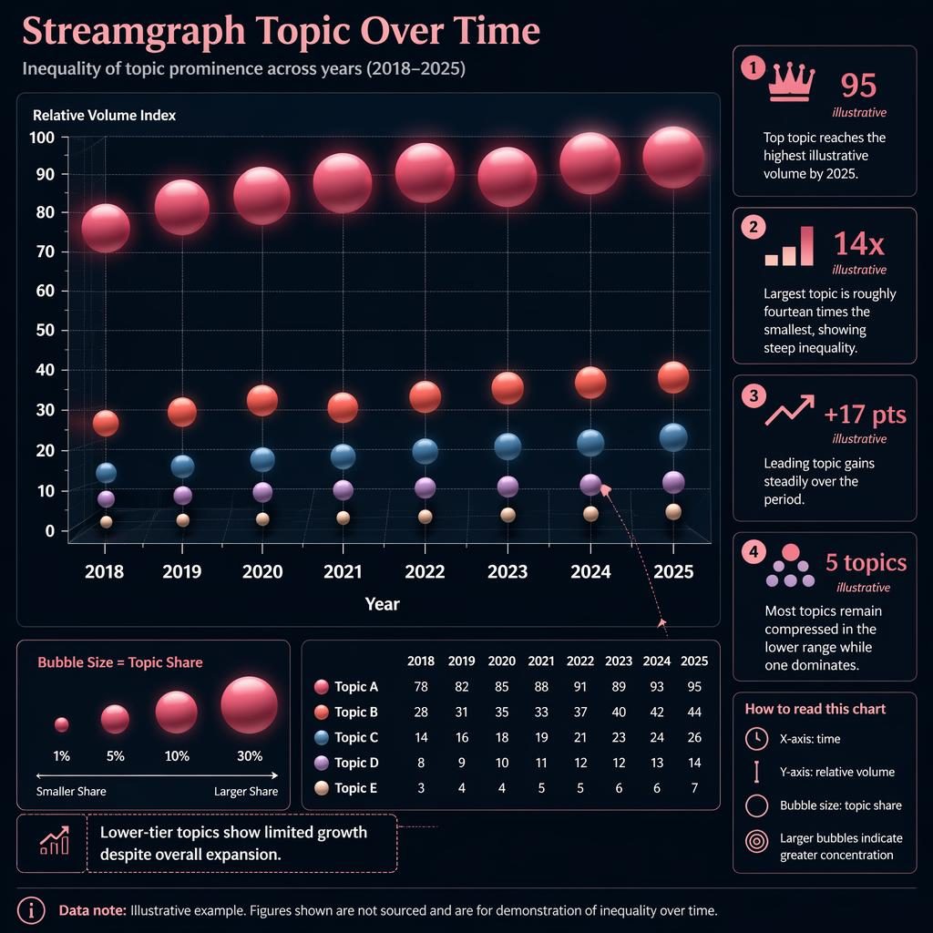 Dark editorial infographic with a 3D bubble chart from 2018 to 2025 showing Topic A dominating and inequality over time.