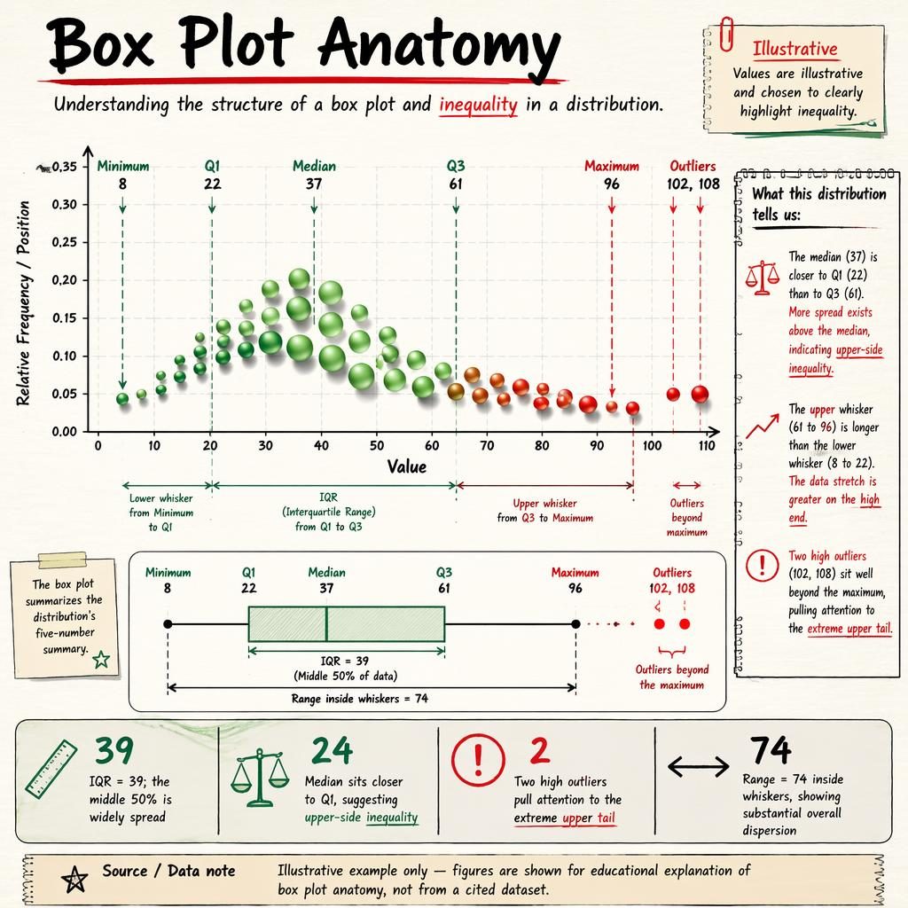 Educational bubble chart infographic showing box plot anatomy, quartiles, skew, IQR, range, and high outliers in English.