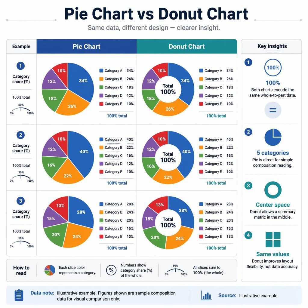 Data infographic comparing pie charts and donut charts in a 2-column grid with labeled percentages, legends, and insight callouts.