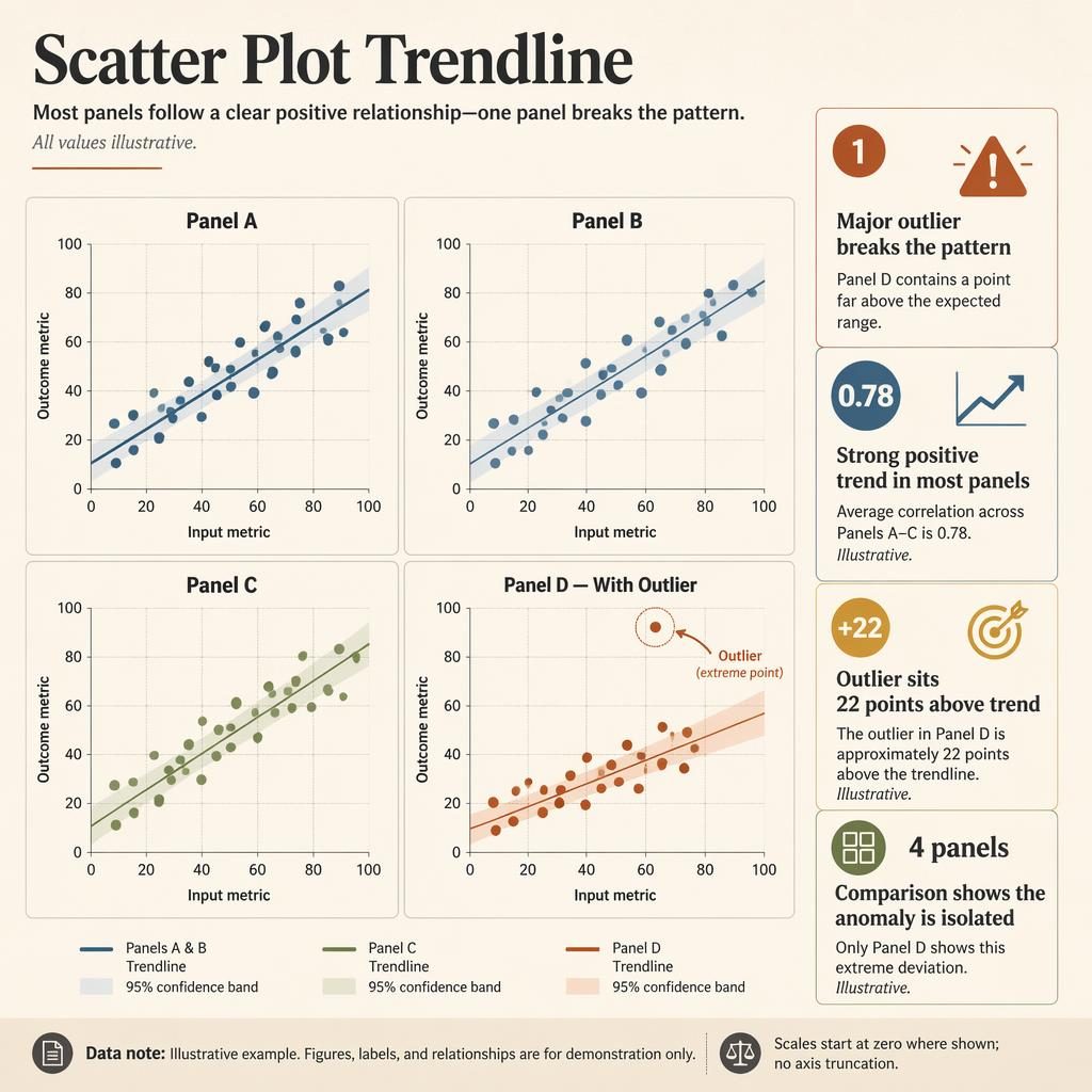Four-panel scatter plot infographic with trendlines, one highlighted outlier, insight callouts, and illustrative notes.