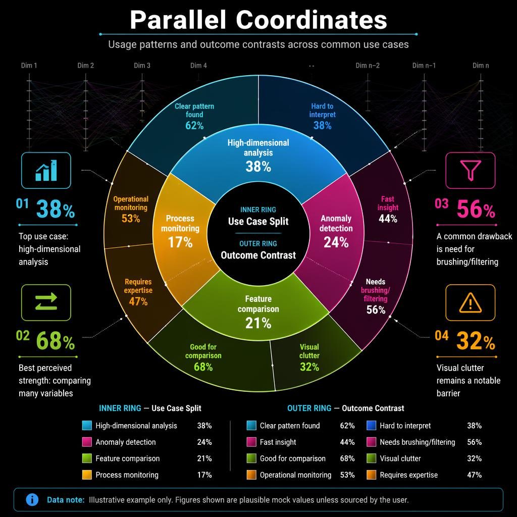 Dark editorial infographic with a multi-ring donut chart, parallel coordinate line motif, English labels, legend, and 4 data callouts.