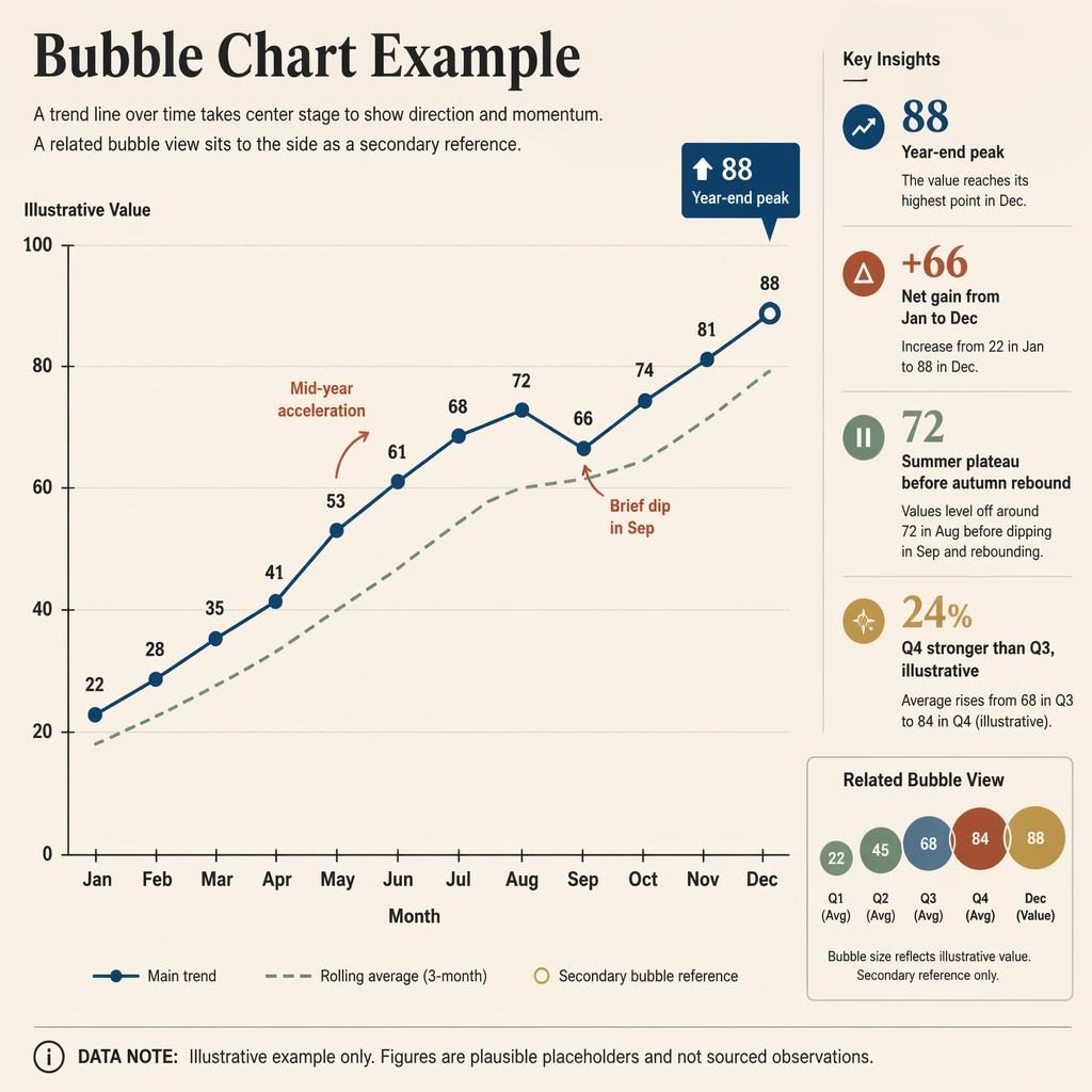 Editorial trend line infographic over months with labeled values, rolling average, callouts, and a small bubble chart panel.